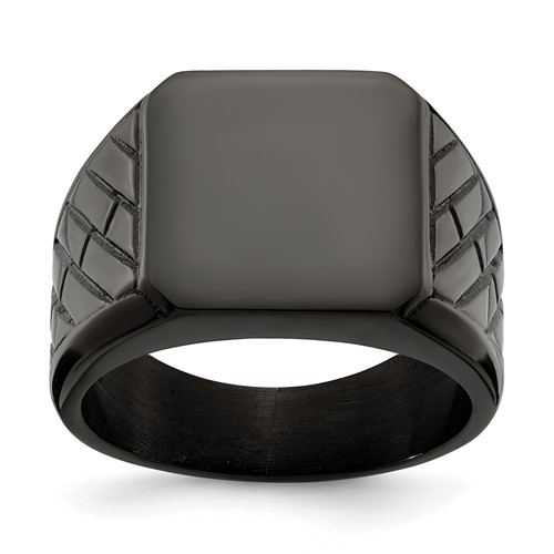 Chisel Stainless Steel Polished Black IP-plated Brick Design Signet Ring