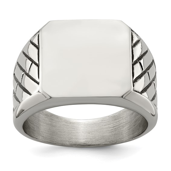 Chisel Stainless Steel Polished with Black Enamel Signet Ring