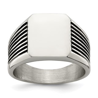 Chisel Stainless Steel Polished with Black Enamel Signet Ring