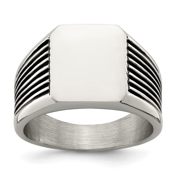 Chisel Stainless Steel Polished with Black Enamel Signet Ring