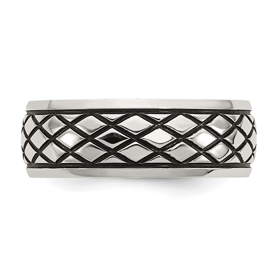 Chisel Stainless Steel Antiqued and Polished Checkered Pattern 8mm Band