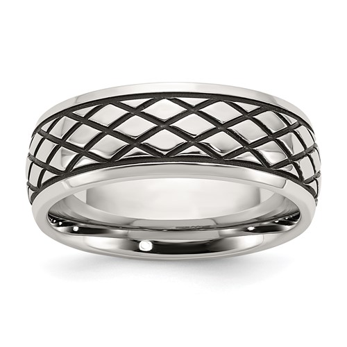 Chisel Stainless Steel Antiqued and Polished Checkered Pattern 8mm Band
