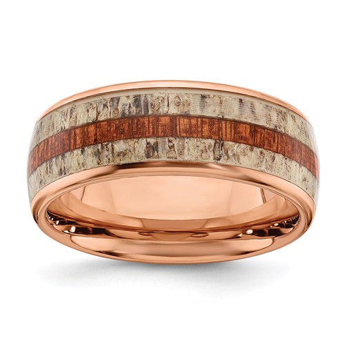 Chisel Stainless Steel Polished Rose IP-plated Band with Wood and Antler Inlay 8mm