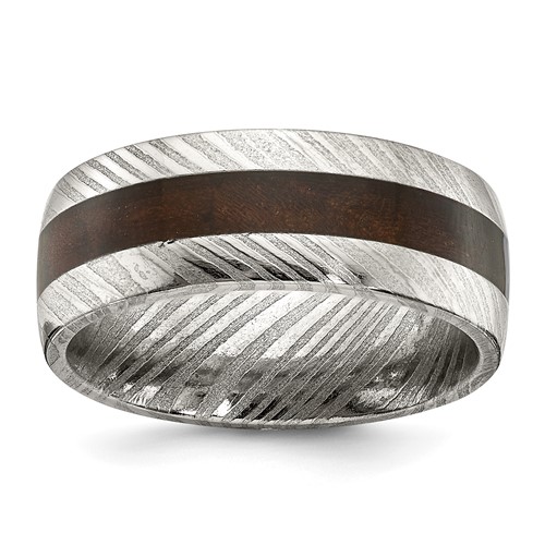 Chisel Damascus Steel Polished Band with Ebony Wood Inlay 8mm