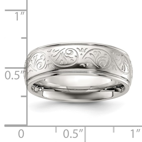 Chisel Stainless Steel Polished Etched Design Ridged Edge 7.5mm Band