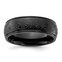 Chisel Stainless Steel Polished Black IP-plated Etched Design Ridged Edge 7.5mm Band view 1
