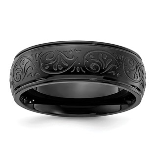 Chisel Stainless Steel Polished Black IP-plated Etched Design Ridged Edge 7.5mm Band