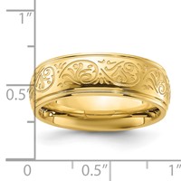 Chisel Stainless Steel Polished Yellow IP-plated Etched Design Ridged Edge 7.5mm Band view 4