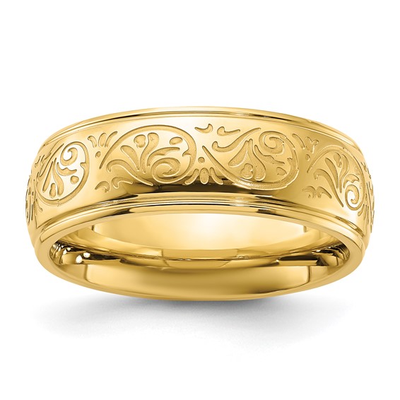 Chisel Stainless Steel Polished Yellow IP-plated Etched Design Ridged Edge 7.5mm Band