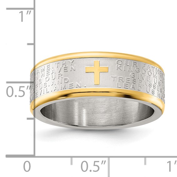 Chisel Stainless Steel Brushed and Polished Yellow IP-plated Lord's Prayer 8mm Band