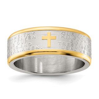 Chisel Stainless Steel Brushed and Polished Yellow IP-plated Lord's Prayer 8mm Band