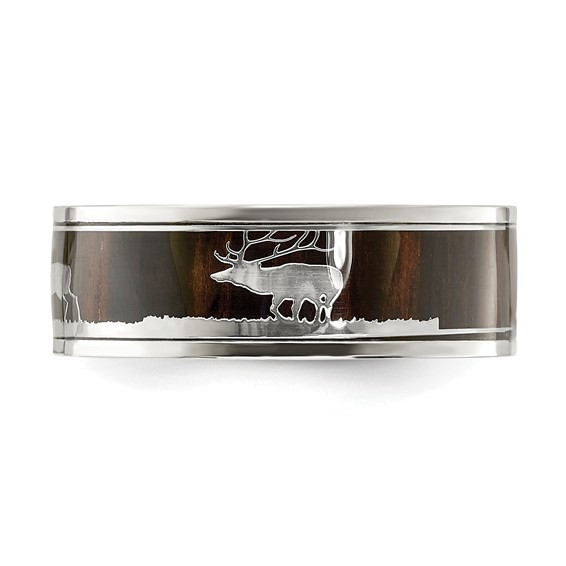 Chisel Stainless Steel Polished with Wood Inlay Deer Design 8mm Band