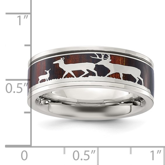 Chisel Stainless Steel Polished with Wood Inlay Deer Design 8mm Band