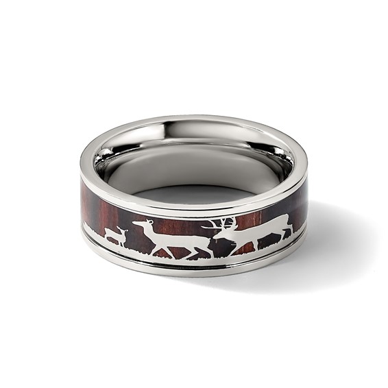 Chisel Stainless Steel Polished with Wood Inlay Deer Design 8mm Band
