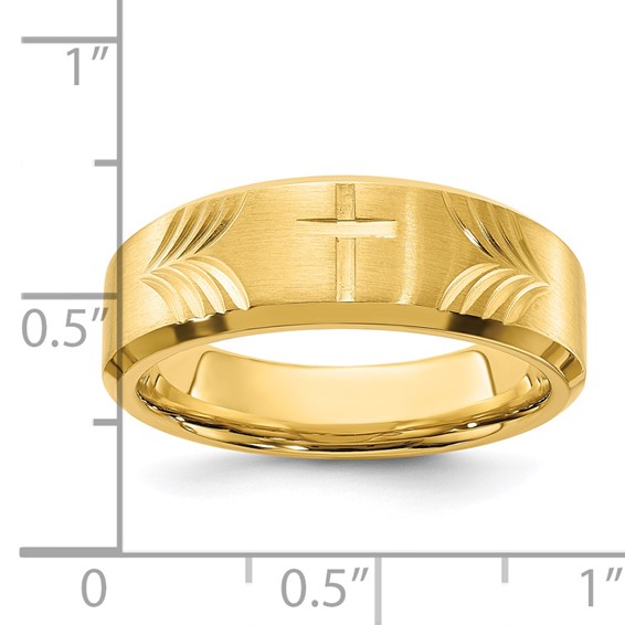 Chisel Stainless Steel Brushed and Polished Yellow IP-plated Diamond-cut Cross 8mm Tapered Band