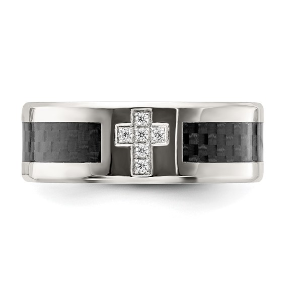 Chisel Stainless Steel Polished with Black Carbon Fiber Inlay CZ Cross 8mm Band