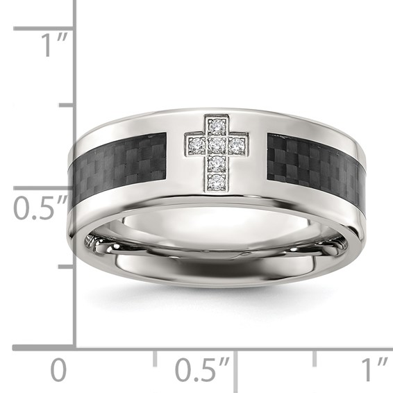 Chisel Stainless Steel Polished with Black Carbon Fiber Inlay CZ Cross 8mm Band