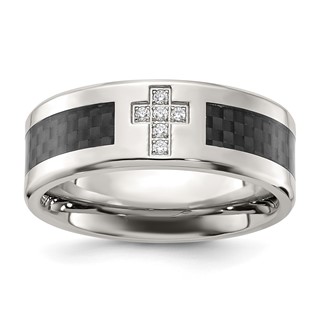 Chisel Stainless Steel Polished with Black Carbon Fiber Inlay CZ Cross 8mm Band