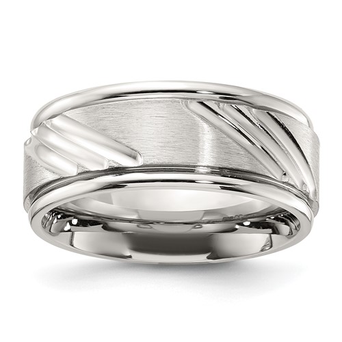 Chisel Stainless Steel Polished Band with Brushed Center Grooved 9.00mm