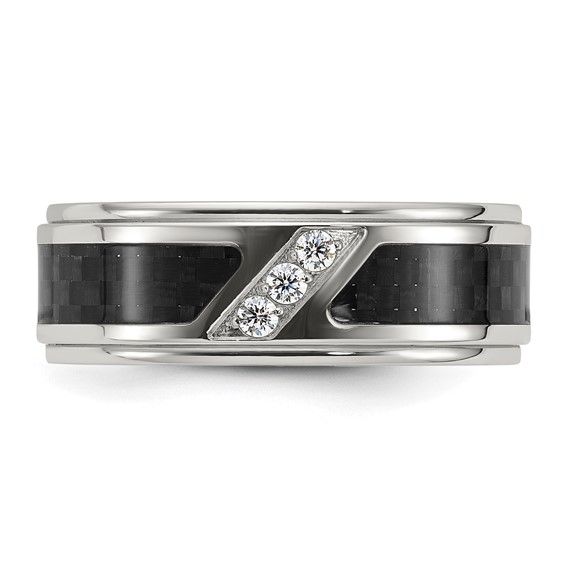 Chisel Stainless Steel Polished with Black Carbon Fiber Inlay and CZ 8mm Band