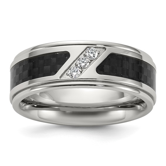 Chisel Stainless Steel Polished with Black Carbon Fiber Inlay and CZ 8mm Band