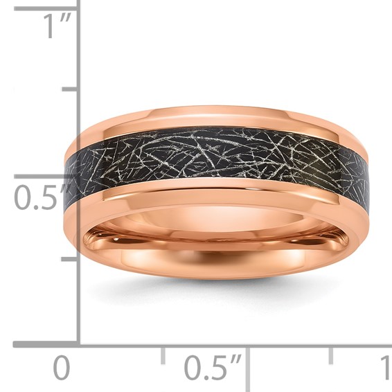 Chisel Stainless Steel Polished Rose IP-plated Synthetic Leather Inlay in Clear Epoxy 8mm Band