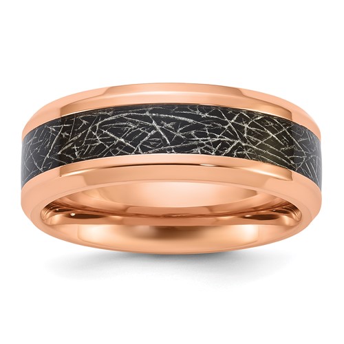 Chisel Stainless Steel Polished Rose IP-plated Synthetic Leather Inlay in Clear Epoxy 8mm Band