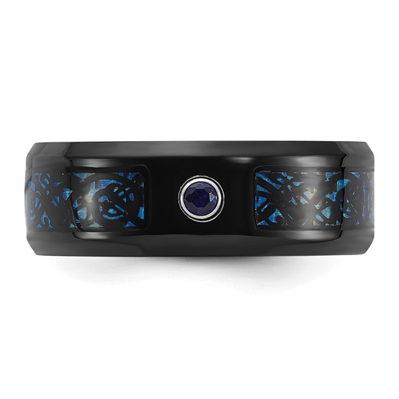 Chisel Stainless Steel Polished Black and Blue IP-plated with CZ Carbon Fiber Inlay in Clear Epoxy 8mm Band