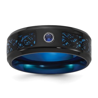 Chisel Stainless Steel Polished Black and Blue IP-plated with CZ Carbon Fiber Inlay in Clear Epoxy 8mm Band