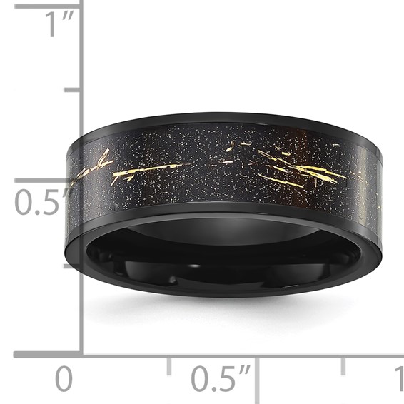 Chisel Stainless Steel Polished Black IP-plated Black and Gold Foil Inlay 8mm Band