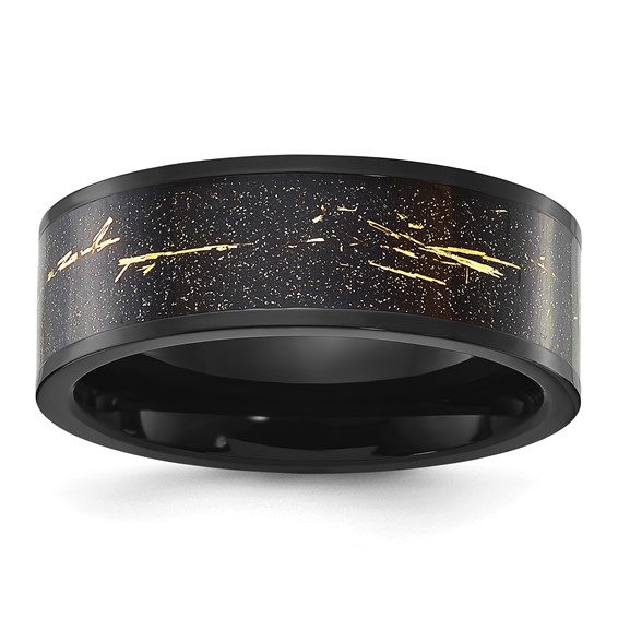 Chisel Stainless Steel Polished Black IP-plated Black and Gold Foil Inlay 8mm Band