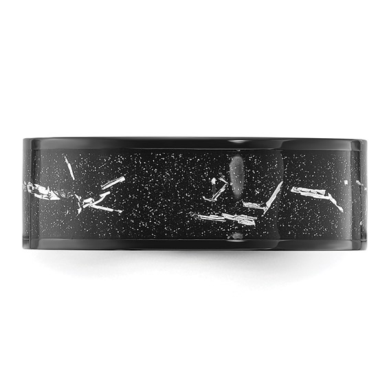 Chisel Stainless Steel Polished Black IP-plated Black and Silver Foil Inlay 8mm Band