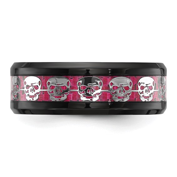 Chisel Stainless Steel Polished  Black IP-plated Skulls with Pink Carbon Fiber Inlay 8mm Band