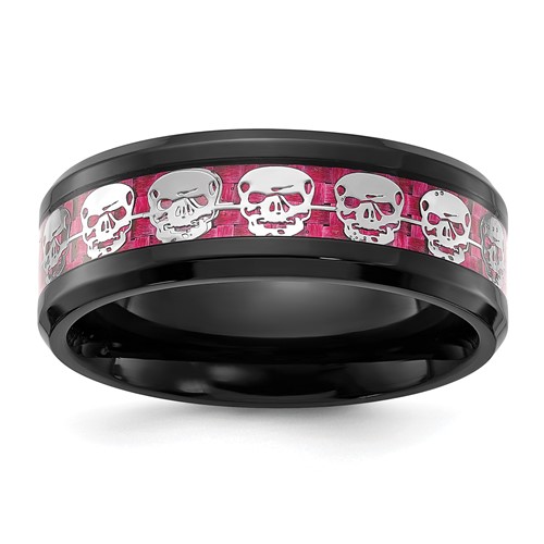 Chisel Stainless Steel Polished Black IP-plated Skulls Band with Pink Carbon Fiber Inlay 8mm