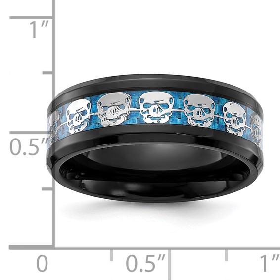 Chisel Stainless Steel Polished Black IP-plated Skulls with Blue Carbon Fiber Inlay 8mm Band
