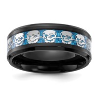 Chisel Stainless Steel Polished Black IP-plated Skulls Band with Blue Carbon Fiber Inlay 8mm view 1