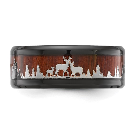 Chisel Stainless Steel Polished Black IP-plated with Wood Inlay Deer in Forest Design 9mm Band
