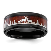 Chisel Stainless Steel Polished Black IP-plated Band with Wood Inlay Deer in Forest Design 9mm view 1