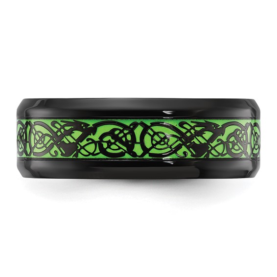 Chisel Stainless Steel Polished Black IP-plated Dragon Design with Green Glow in the Dark Enamel 8mm Band