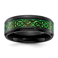 Chisel Stainless Steel Polished Black IP-plated Dragon Design Band with Green Glow in the Dark Enamel 8mm view 1