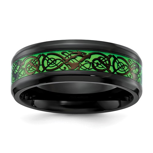 Chisel Stainless Steel Polished Black IP-plated Dragon Design Band with Green Glow in the Dark Enamel 8mm