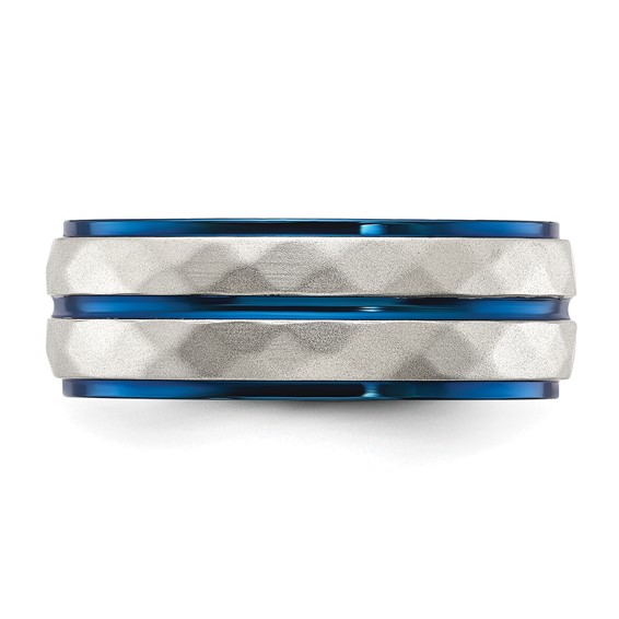 Chisel Stainless Steel Polished and Sand-blasted Faceted Blue IP-plated 8mm Band