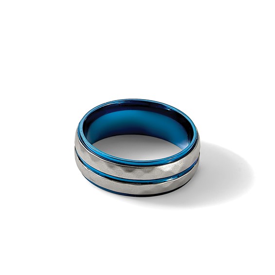 Chisel Stainless Steel Polished and Sand-blasted Faceted Blue IP-plated 8mm Band
