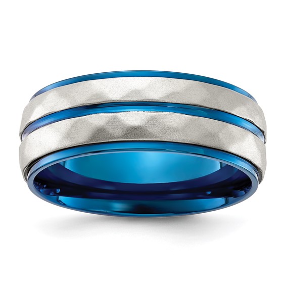 Chisel Stainless Steel Polished and Sand-blasted Faceted Blue IP-plated 8mm Band
