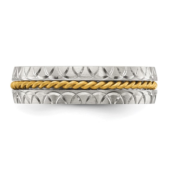 "Chisel Stainless Steel Brushed, Polished and Textured Yellow IP-plated Center 6mm Band"