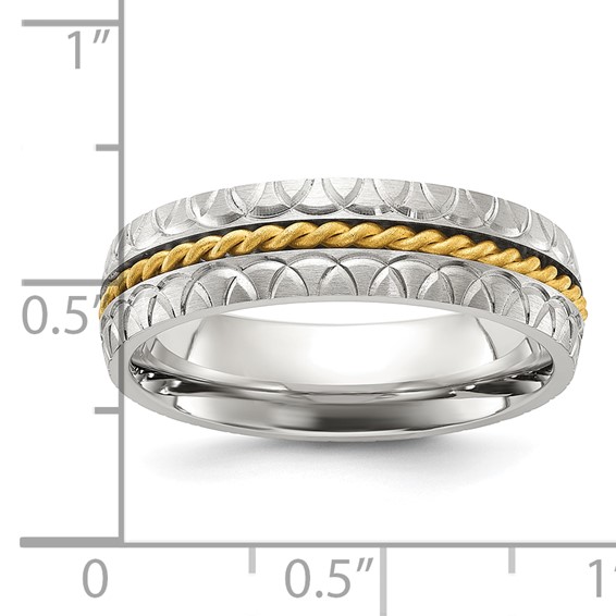 "Chisel Stainless Steel Brushed, Polished and Textured Yellow IP-plated Center 6mm Band"