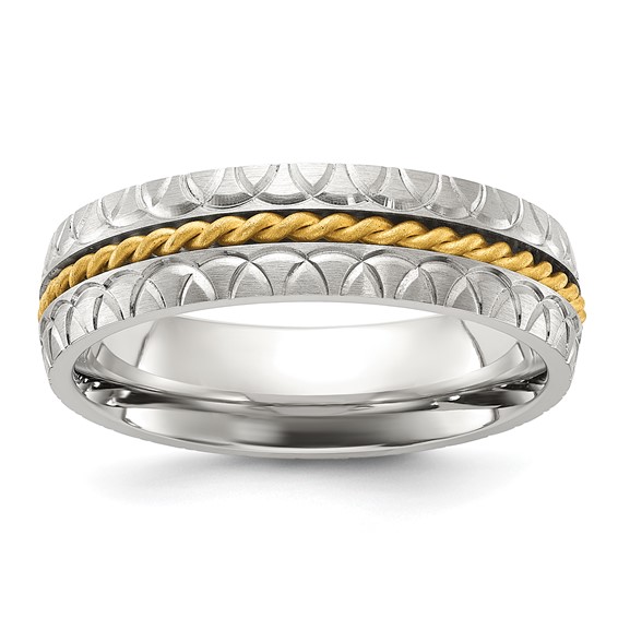 "Chisel Stainless Steel Brushed, Polished and Textured Yellow IP-plated Center 6mm Band"