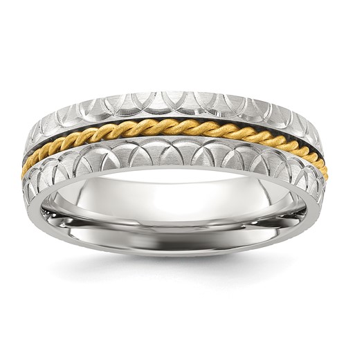 Chisel Stainless Steel Brushed, Polished and Textured Yellow IP-plated Center 6mm Band