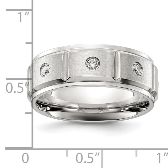 Chisel Stainless Steel Brushed and Polished Grooved with CZ 8mm Band