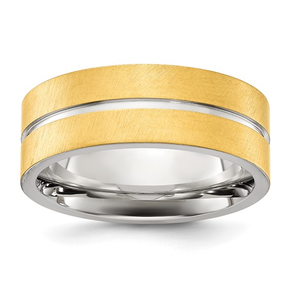 Chisel Stainless Steel Brushed and Polished Yellow IP-plated Grooved 8mm Band
